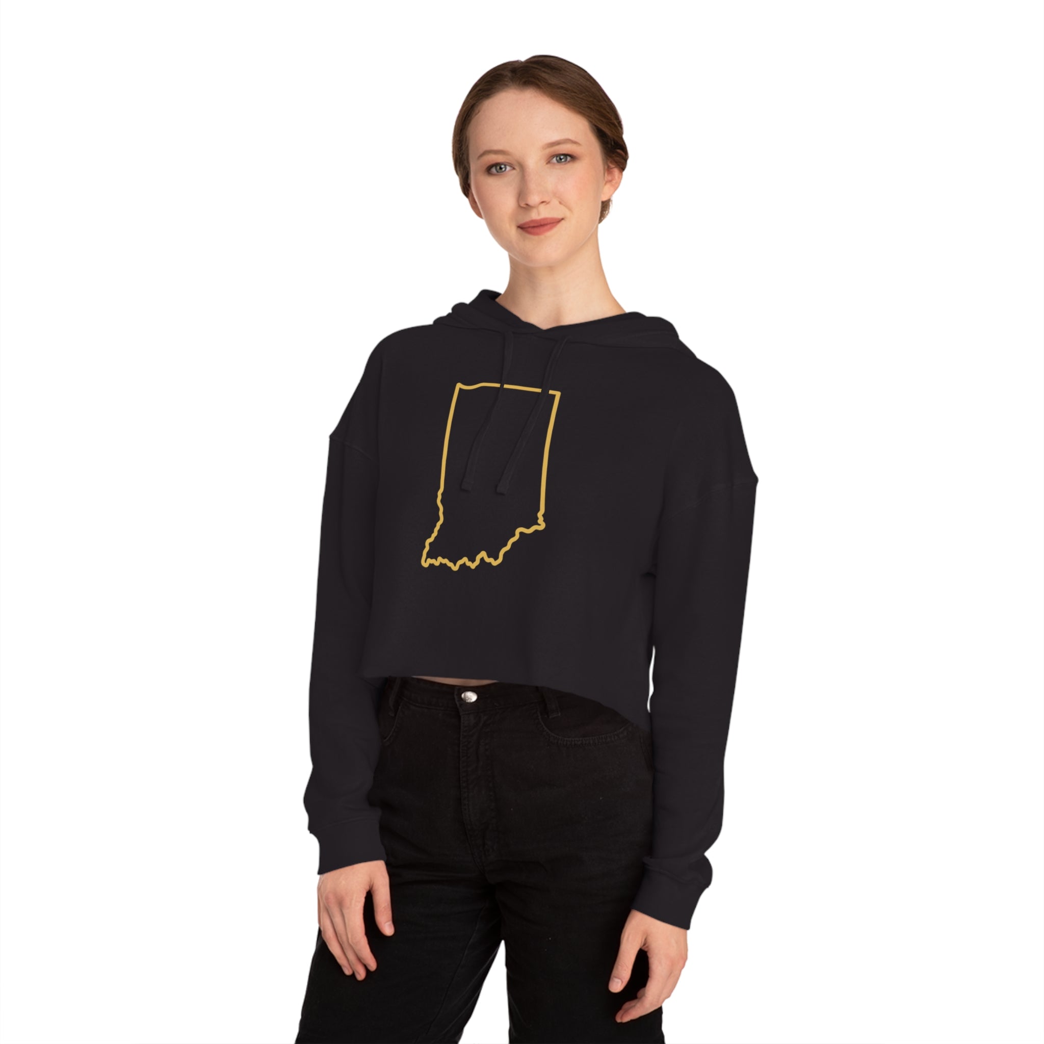 Gold Indiana Outline on Cropped Hooded Sweatshirt for Women | Trendy and Casual, Perfect for Spring Outings, Gift for Her, Comfortable Fashion