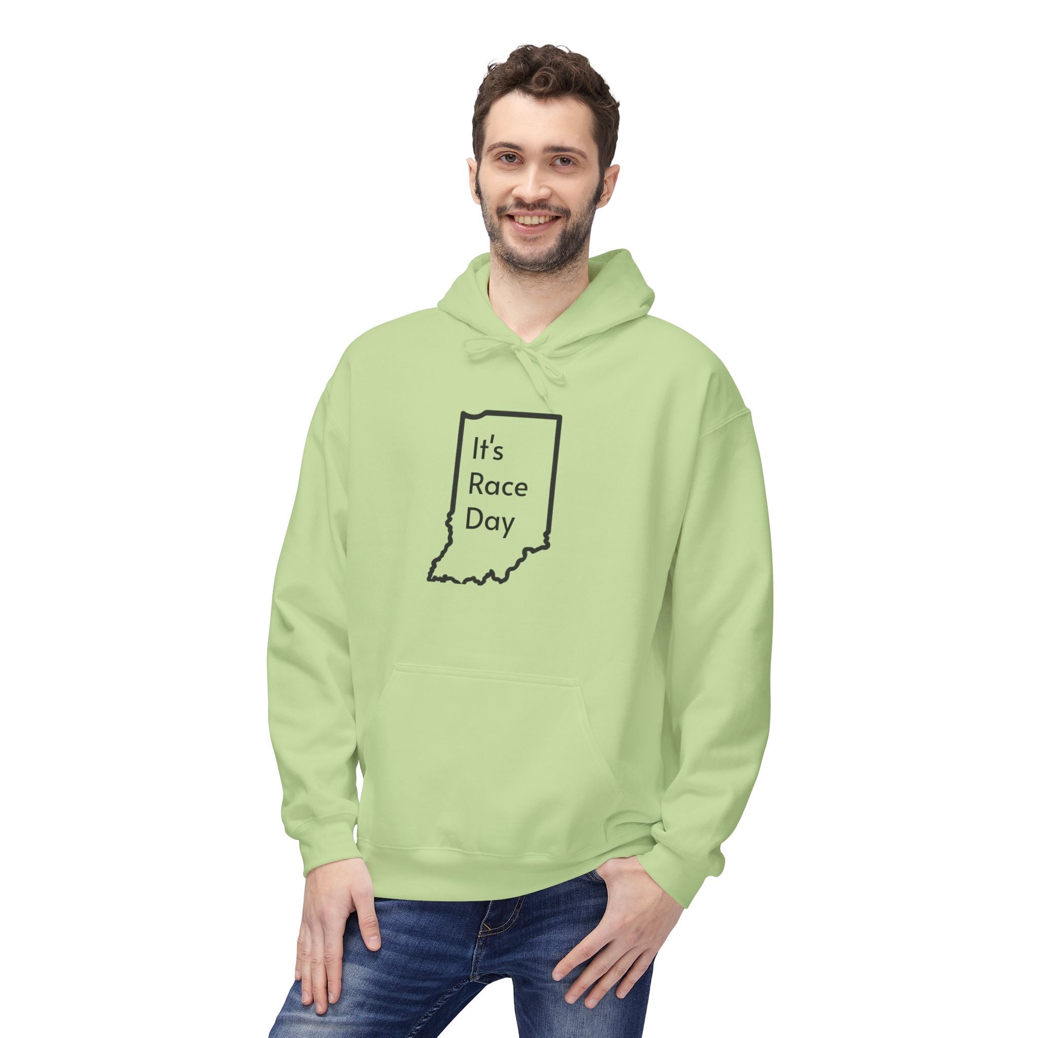 It's Race Day Indiana Outline Fleece Hoodie | Cozy Casual Wear, Perfect for Autumn, Great Gift for Indiana Lovers, Comfortable and Stylish Hoodie
