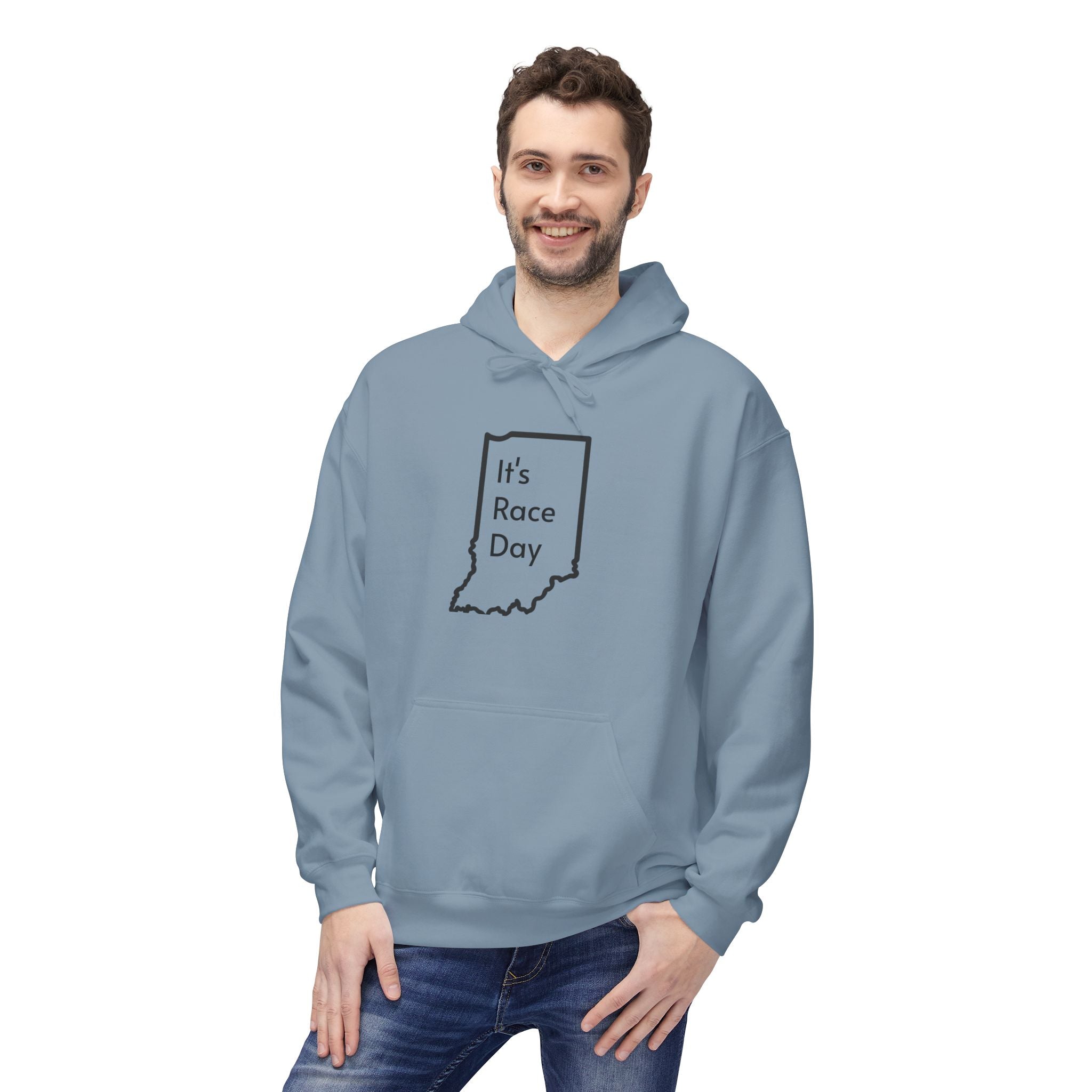 It's Race Day Indiana Outline Fleece Hoodie | Cozy Casual Wear, Perfect for Autumn, Great Gift for Indiana Lovers, Comfortable and Stylish Hoodie