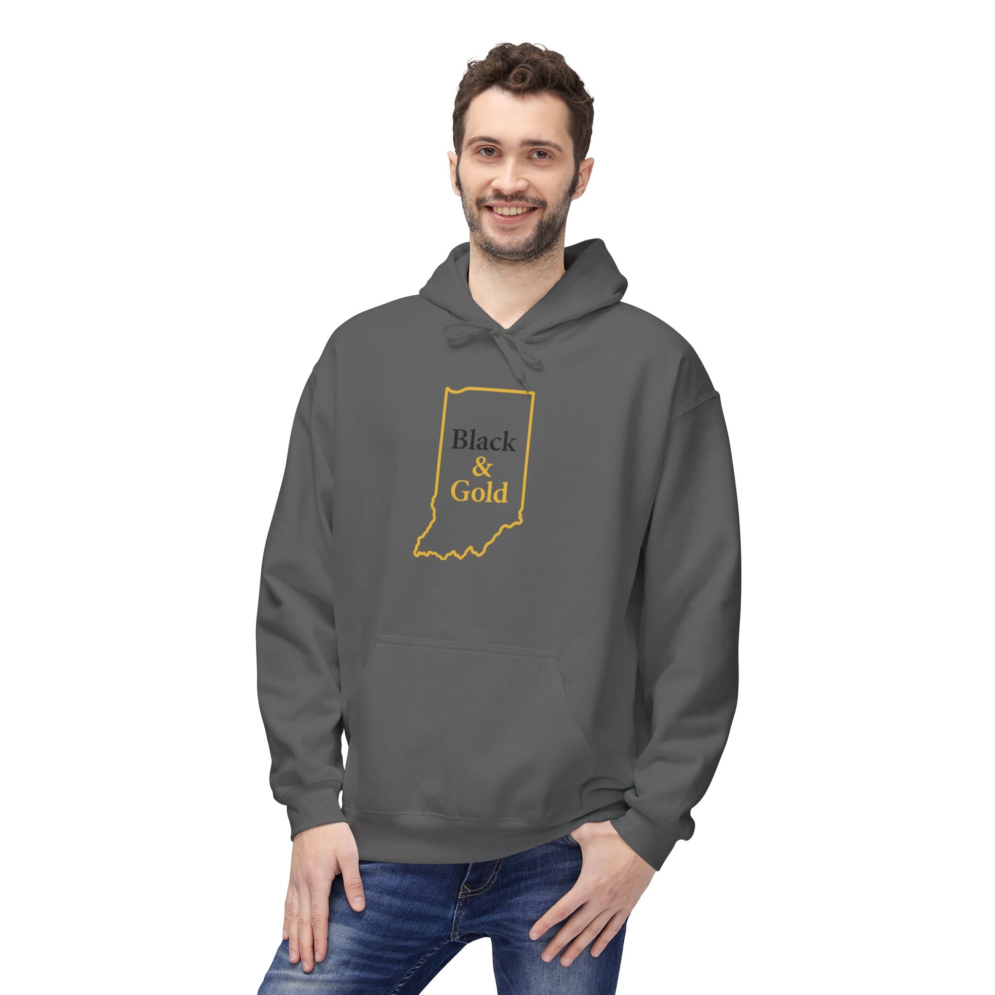 Black & Gold with Indiana Outline Hoodie | Cozy Casual Wear, Perfect for Autumn, Great Gift, Comfortable and Stylish Hoodie