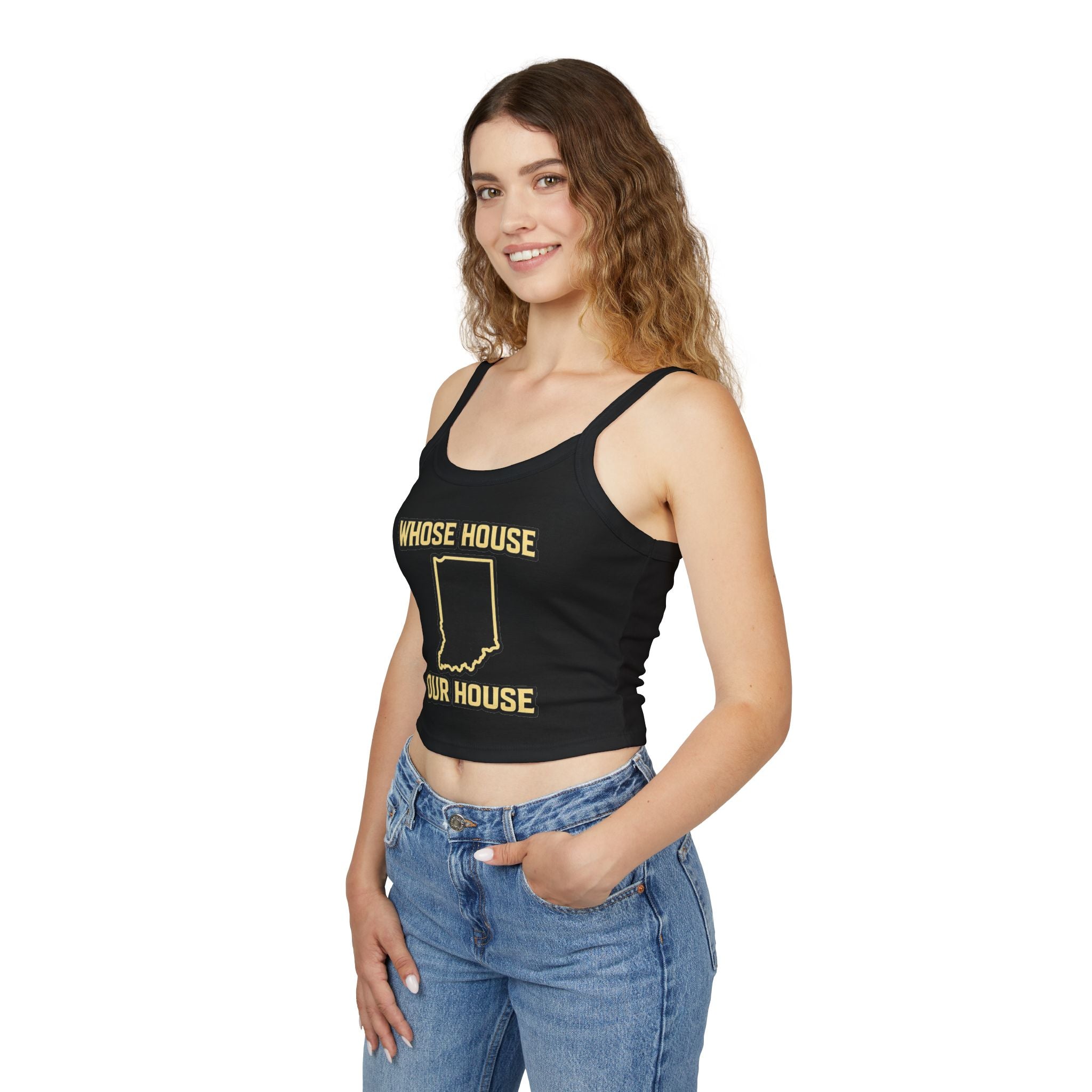 Whose House Our House Women's Tank Top | Black & Gold Spaghetti Strap Indy Racing Tank