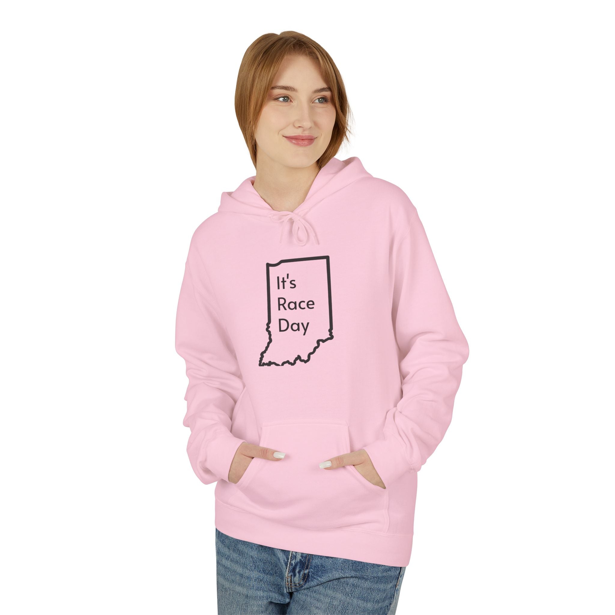 It's Race Day Indiana Outline Fleece Hoodie | Cozy Casual Wear, Perfect for Autumn, Great Gift for Indiana Lovers, Comfortable and Stylish Hoodie