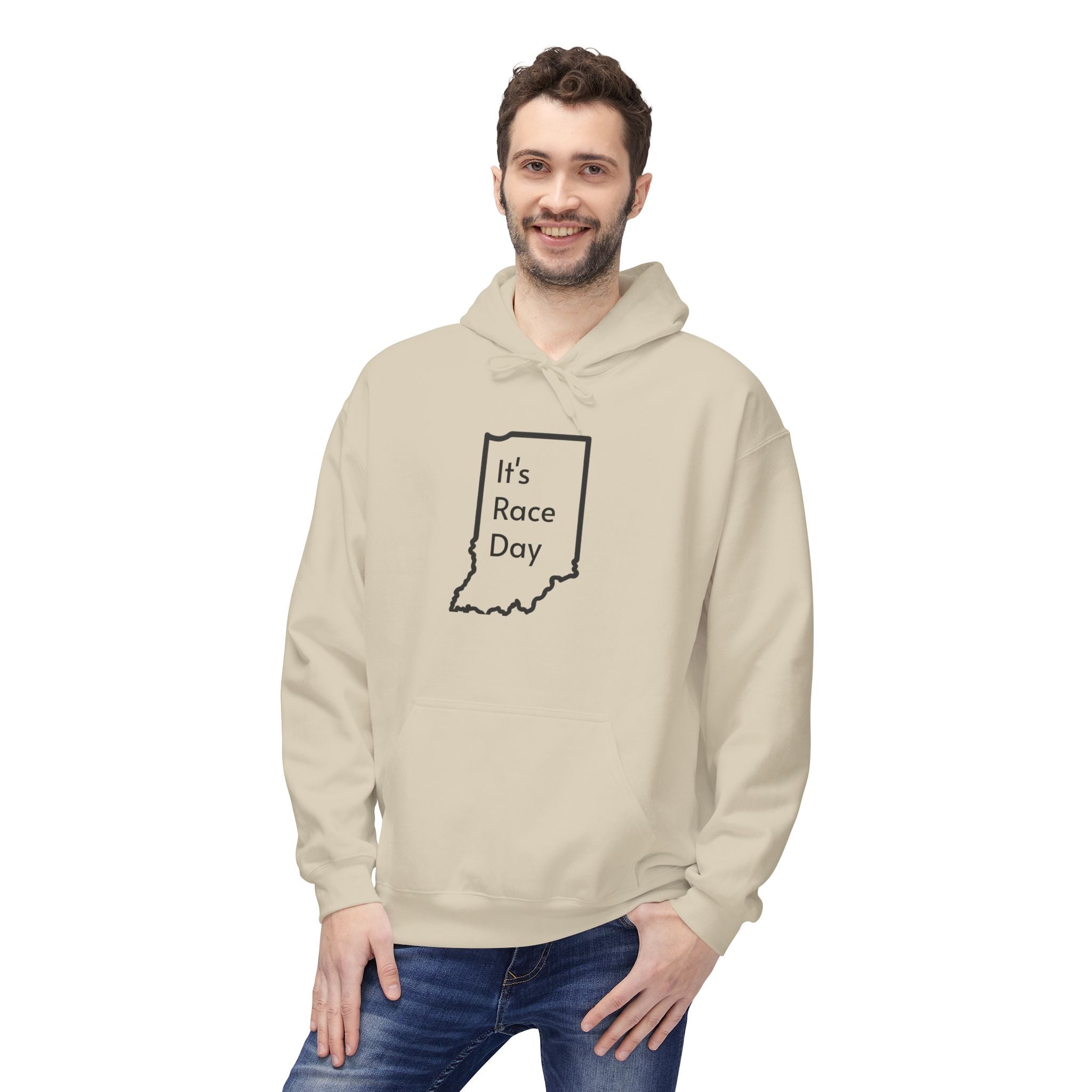 It's Race Day Indiana Outline Fleece Hoodie | Cozy Casual Wear, Perfect for Autumn, Great Gift for Indiana Lovers, Comfortable and Stylish Hoodie