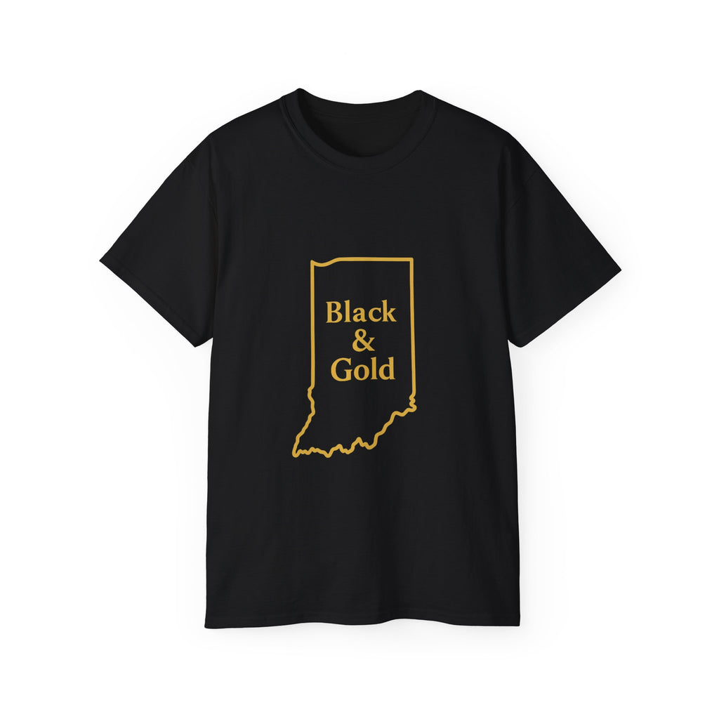 Black & Gold Unisex Ultra Cotton Tee | Casual Wear, Gift for Hoosiers, State Pride, Travel Souvenir, Unique Local Apparel