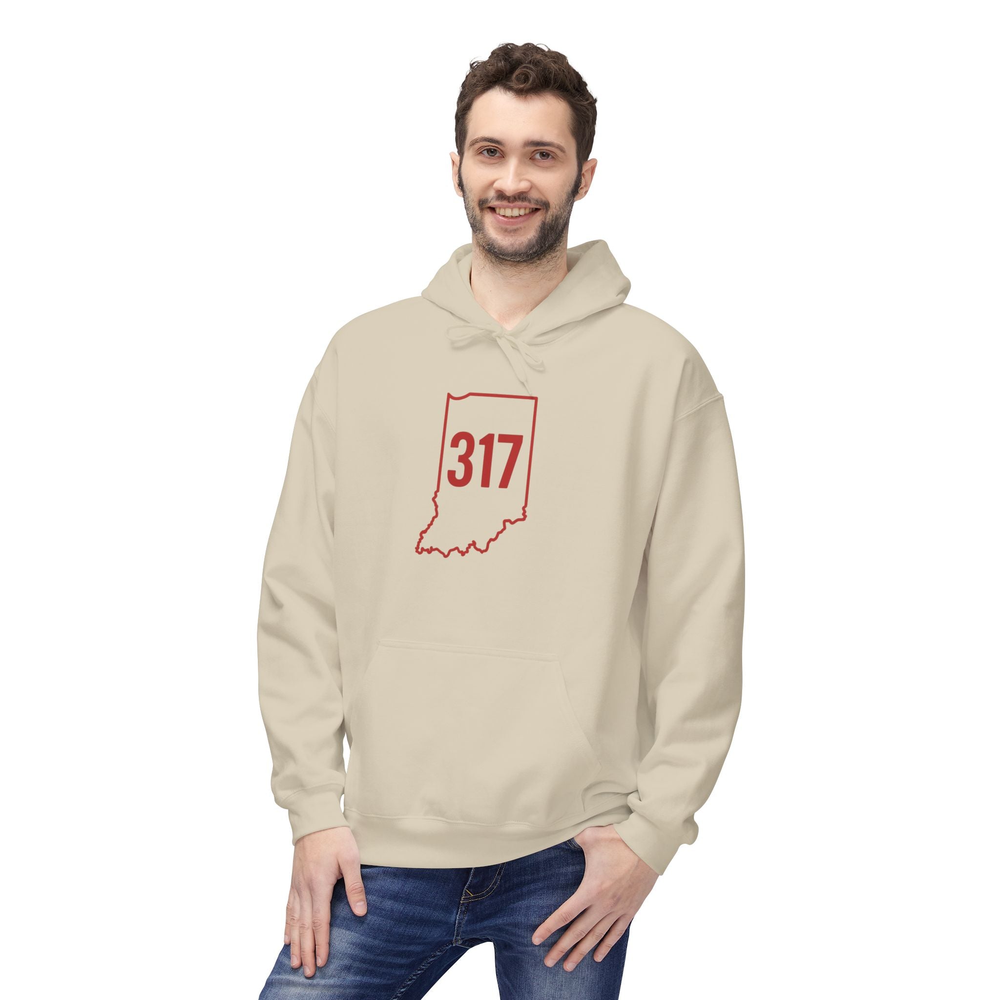 317 Indiana Fleece Hoodie | Red Lettering | Cozy Casual Wear, Perfect for Autumn, Great Gift for Indiana Lovers, Comfortable and Stylish Hoodie