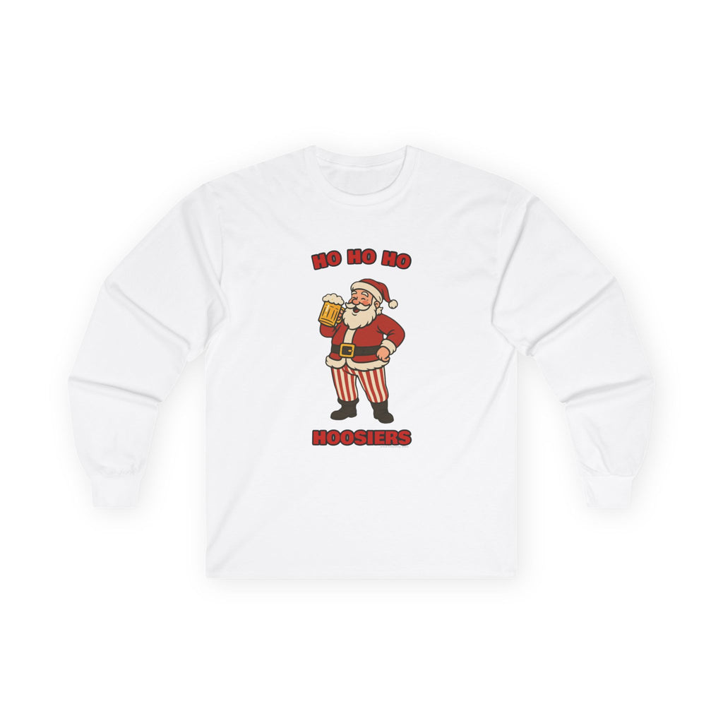 Ho-Ho-Ho Hoosiers Christmas Unisex Long Sleeve Tee | Santa with Beer