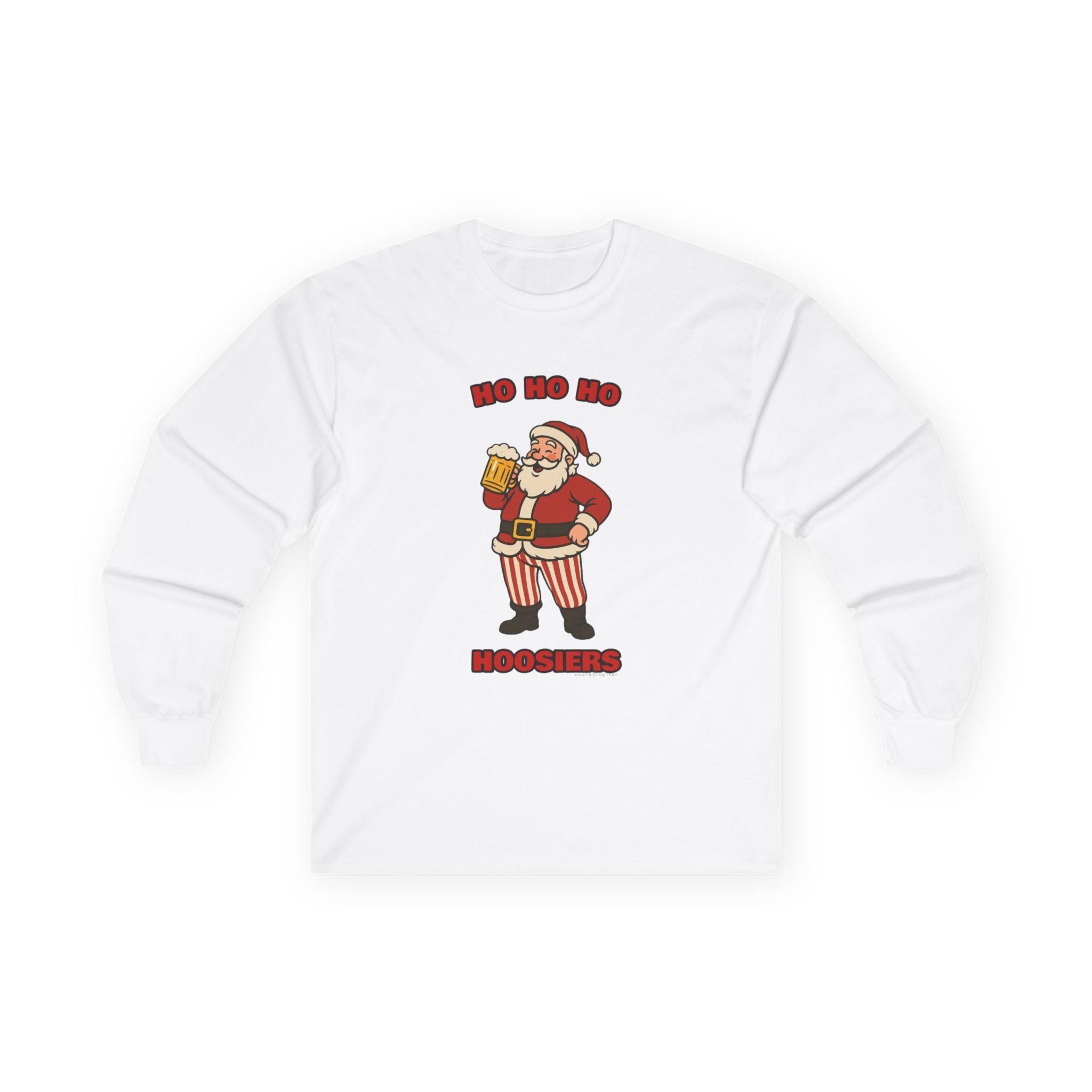 Ho-Ho-Ho Hoosiers Christmas Unisex Long Sleeve Tee | Santa with Beer