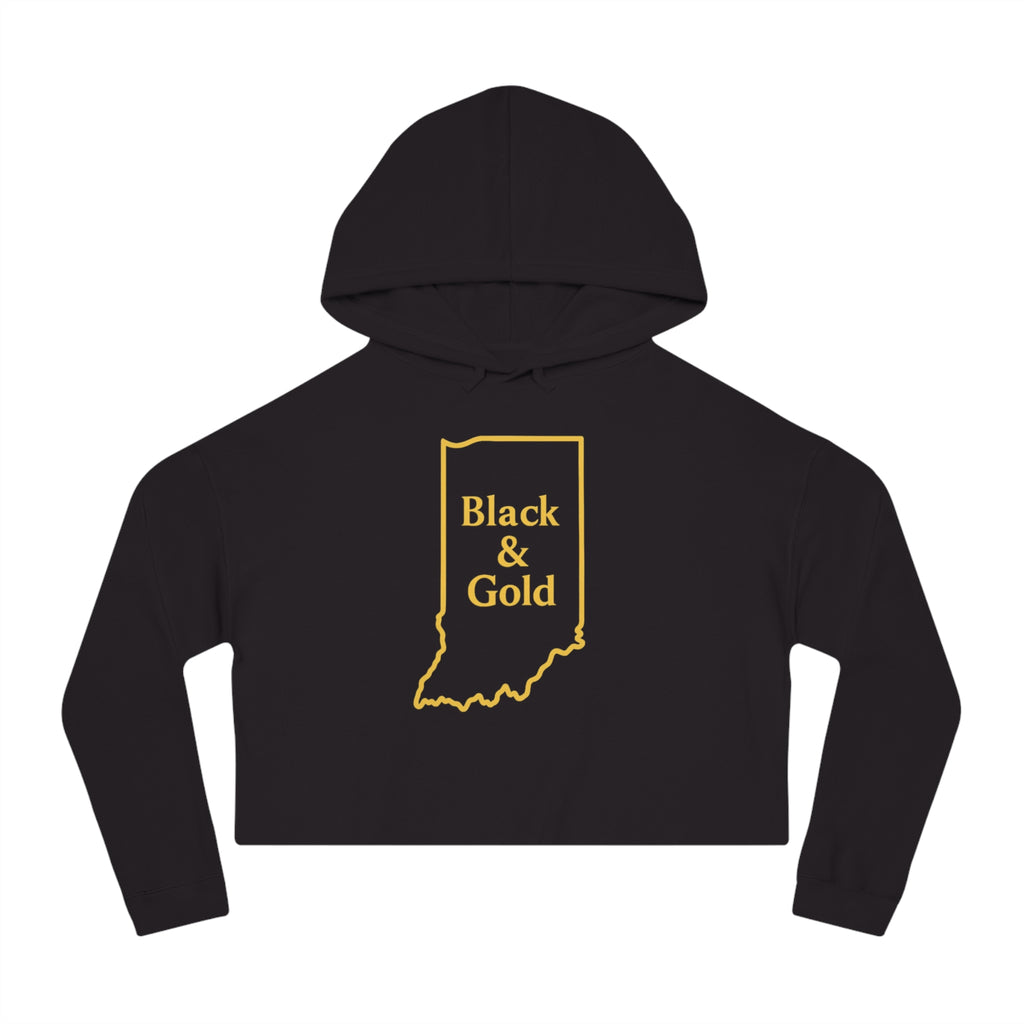 Black and Gold Indiana Outline Cropped Hooded Sweatshirt for Women | Trendy and Casual, Perfect for Spring Outings, Gift for Her, Comfortable Fashion