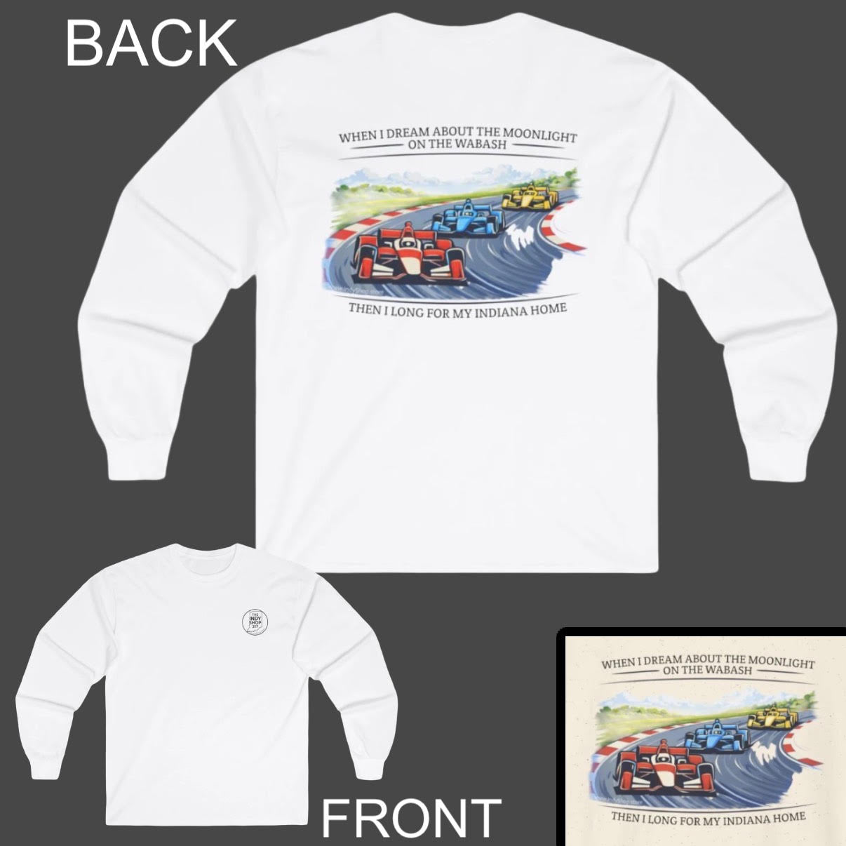 Back Home Again in Indiana Long Sleeve Tee | IndyCar Graphic on Back