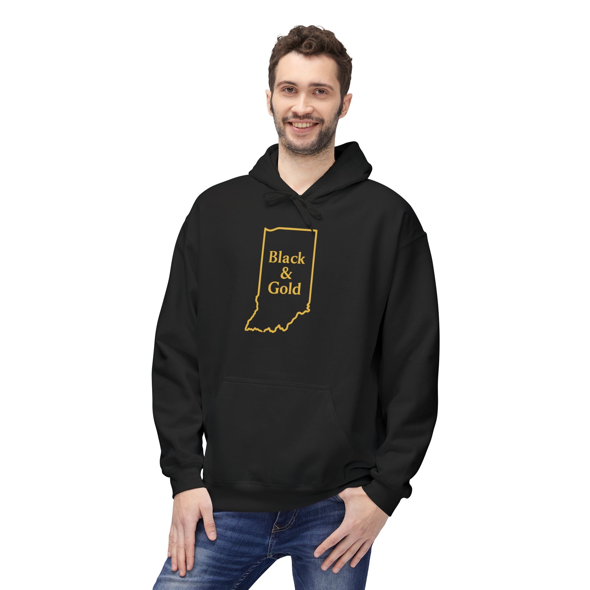 Black & Gold with Indiana Outline Hoodie | Cozy Casual Wear, Perfect for Autumn, Great Gift, Comfortable and Stylish Hoodie