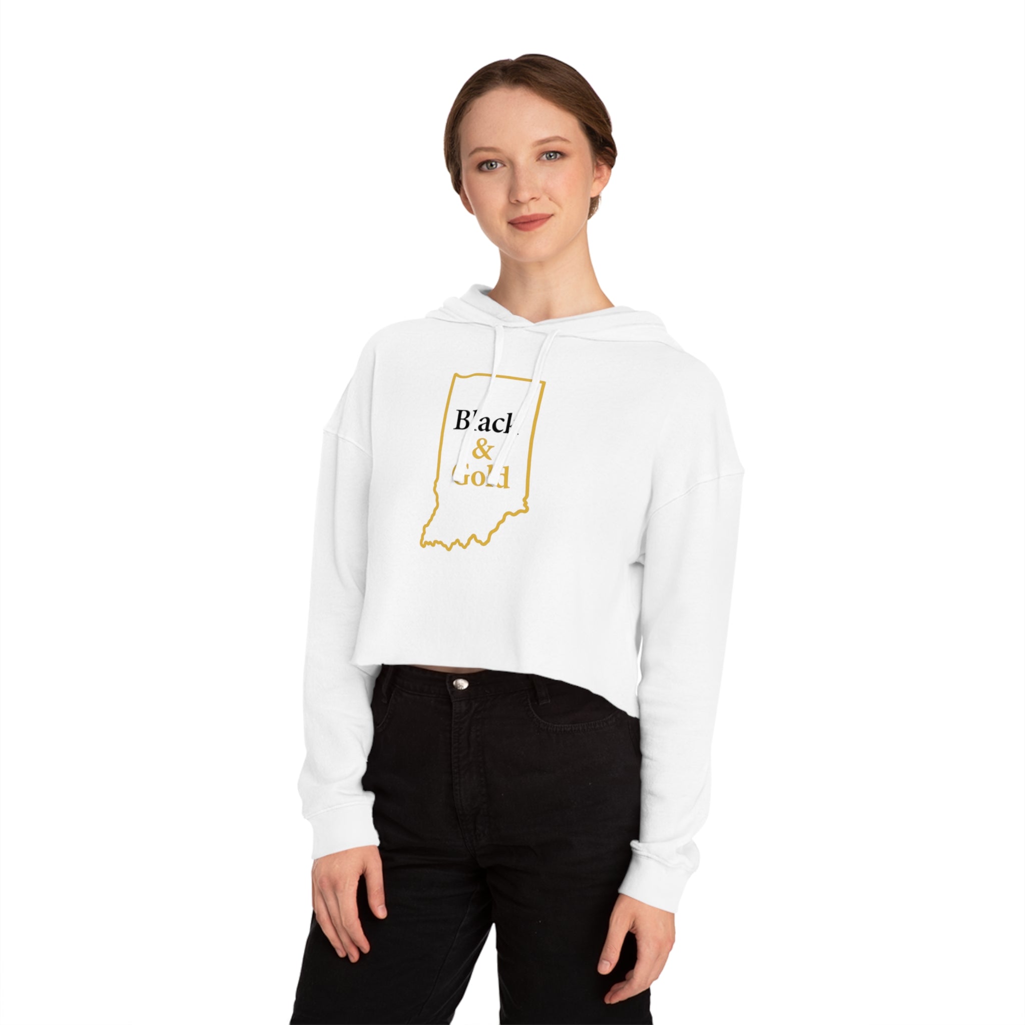 Black & Gold Indiana Outline on Cropped Hooded Sweatshirt for Women | Trendy and Casual, Perfect for Spring Outings, Gift for Her, Comfortable Fashion