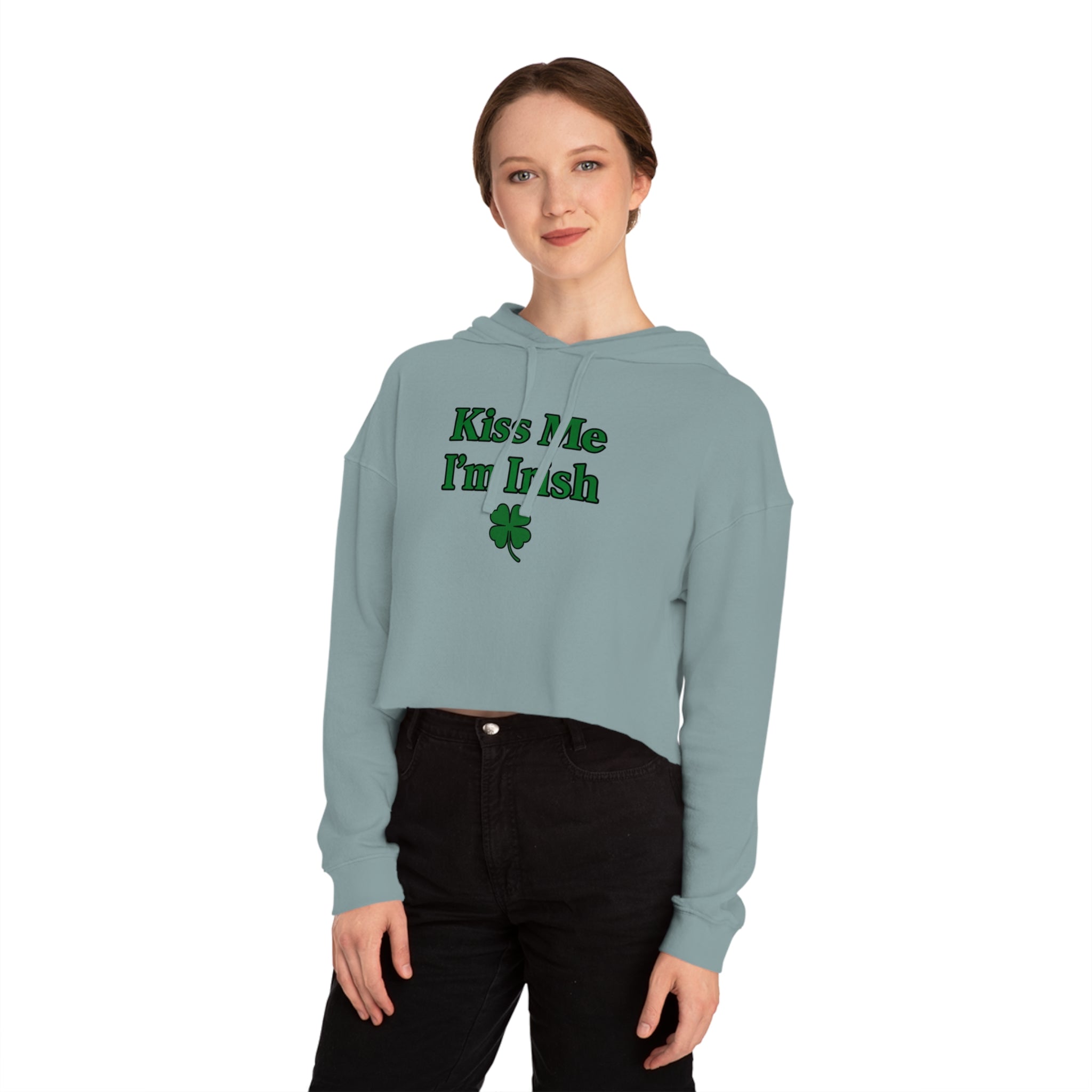 Kiss Me I'm Irish Cropped Hooded Sweatshirt for Women | St Patrick's Day | Trendy and Casual, Perfect for Spring Outings, Gift for Her, Comfortable Fashion