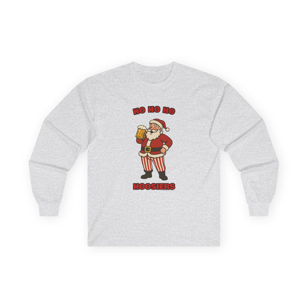 Ho-Ho-Ho Hoosiers Christmas Unisex Long Sleeve Tee | Santa with Beer