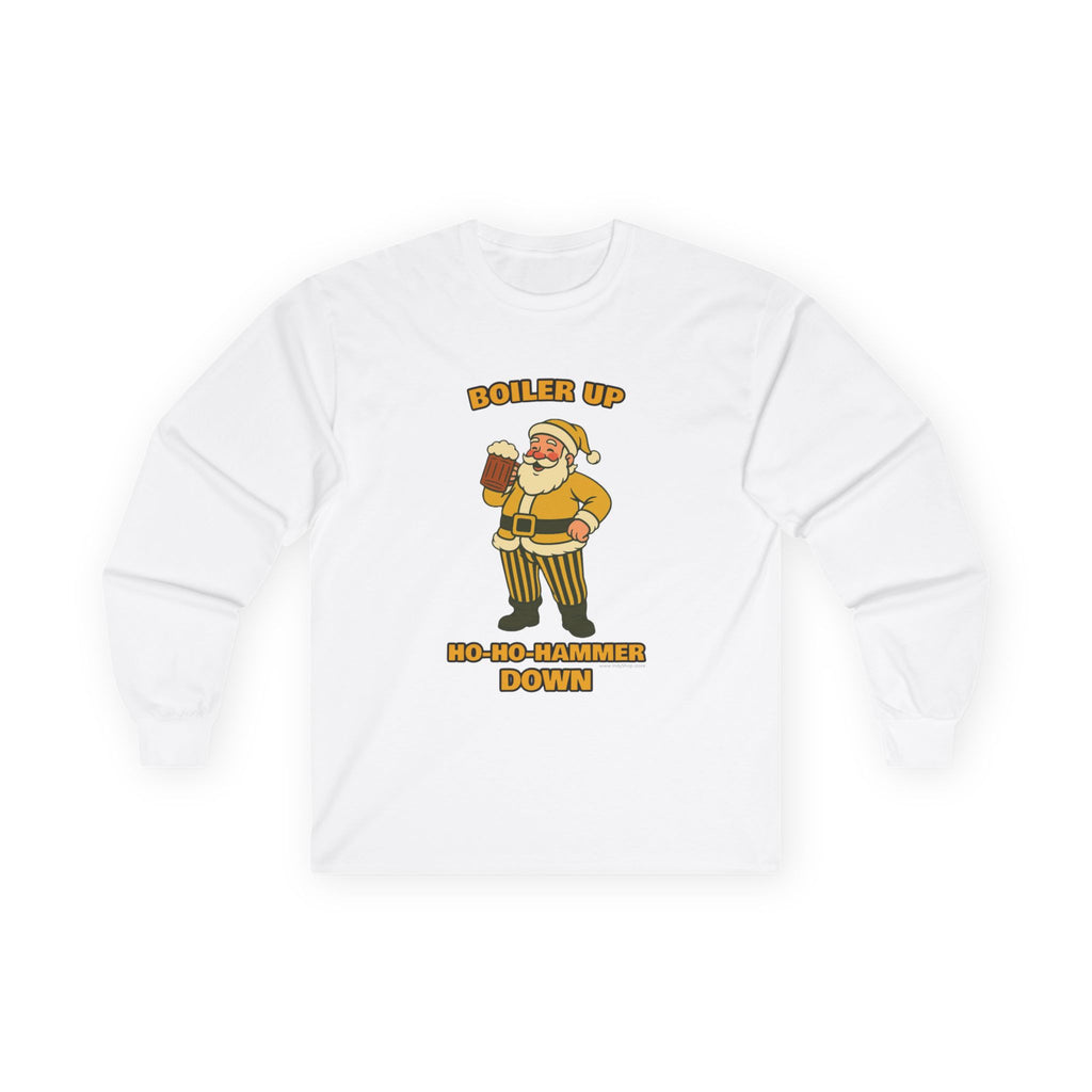 Boiler Up Ho-Ho Hammer Down Christmas Unisex Long Sleeve Tee | Santa with Beer
