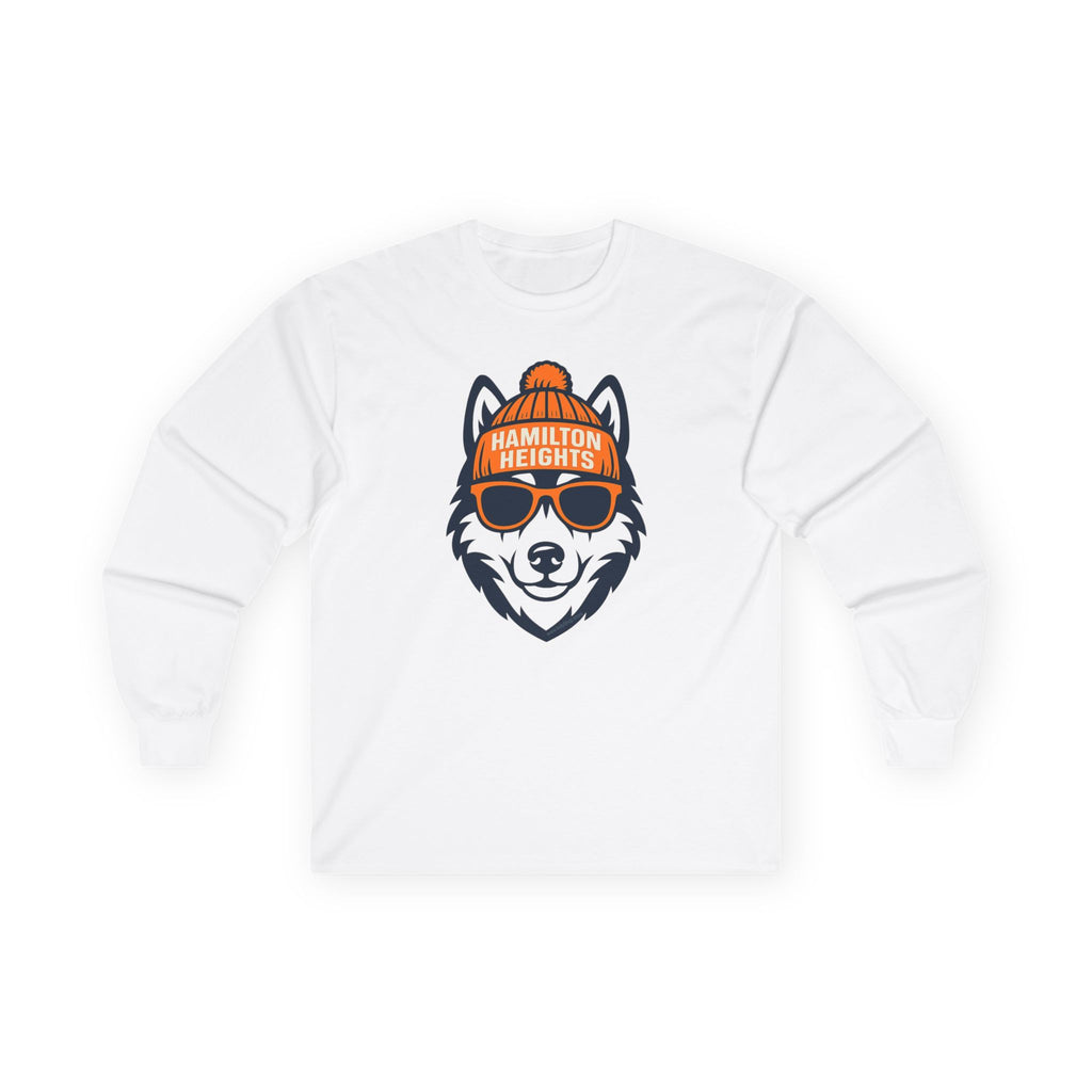 Hamilton Heights Husky Unisex Long Sleeve Tee | Husky with Hat and Glasses