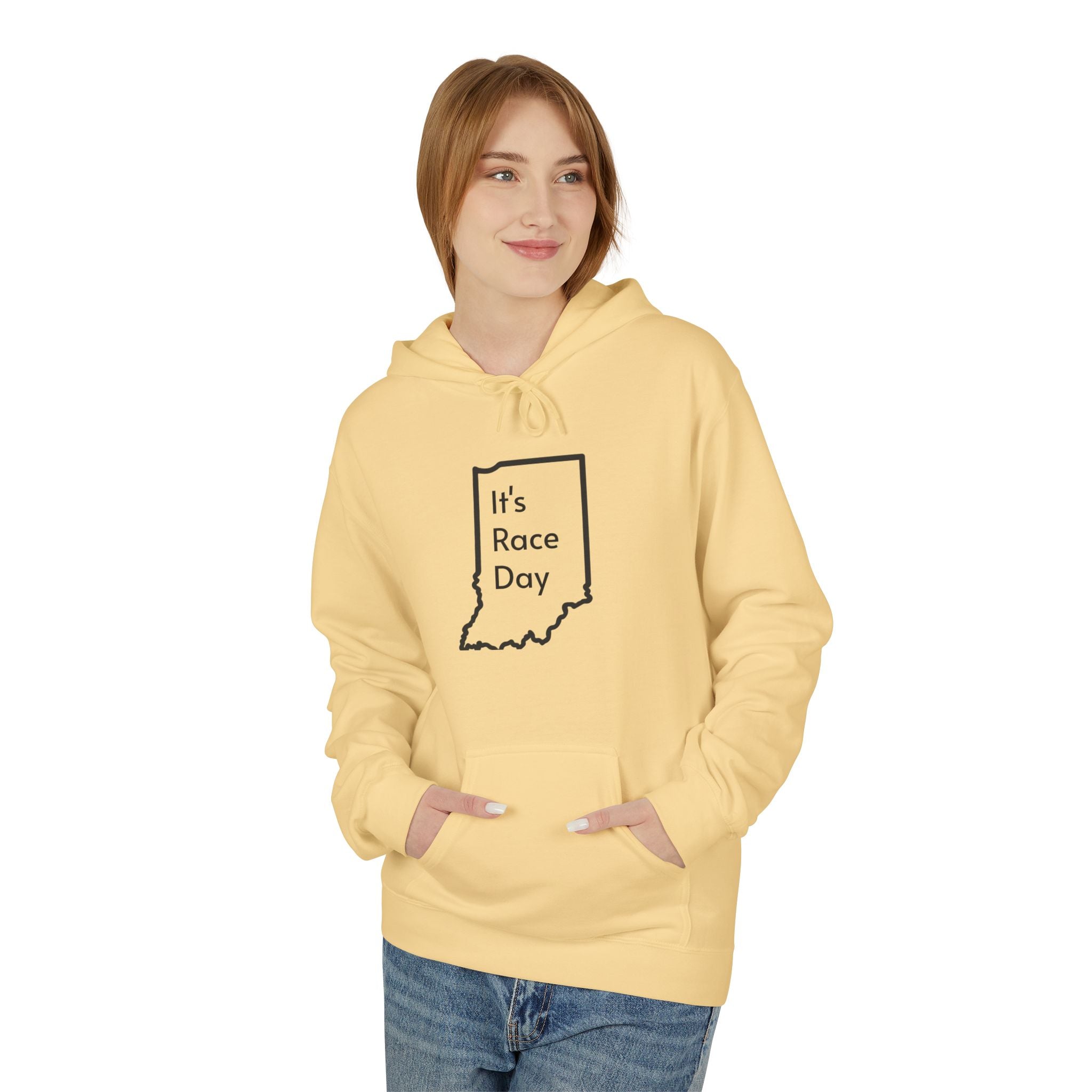 It's Race Day Indiana Outline Fleece Hoodie | Cozy Casual Wear, Perfect for Autumn, Great Gift for Indiana Lovers, Comfortable and Stylish Hoodie