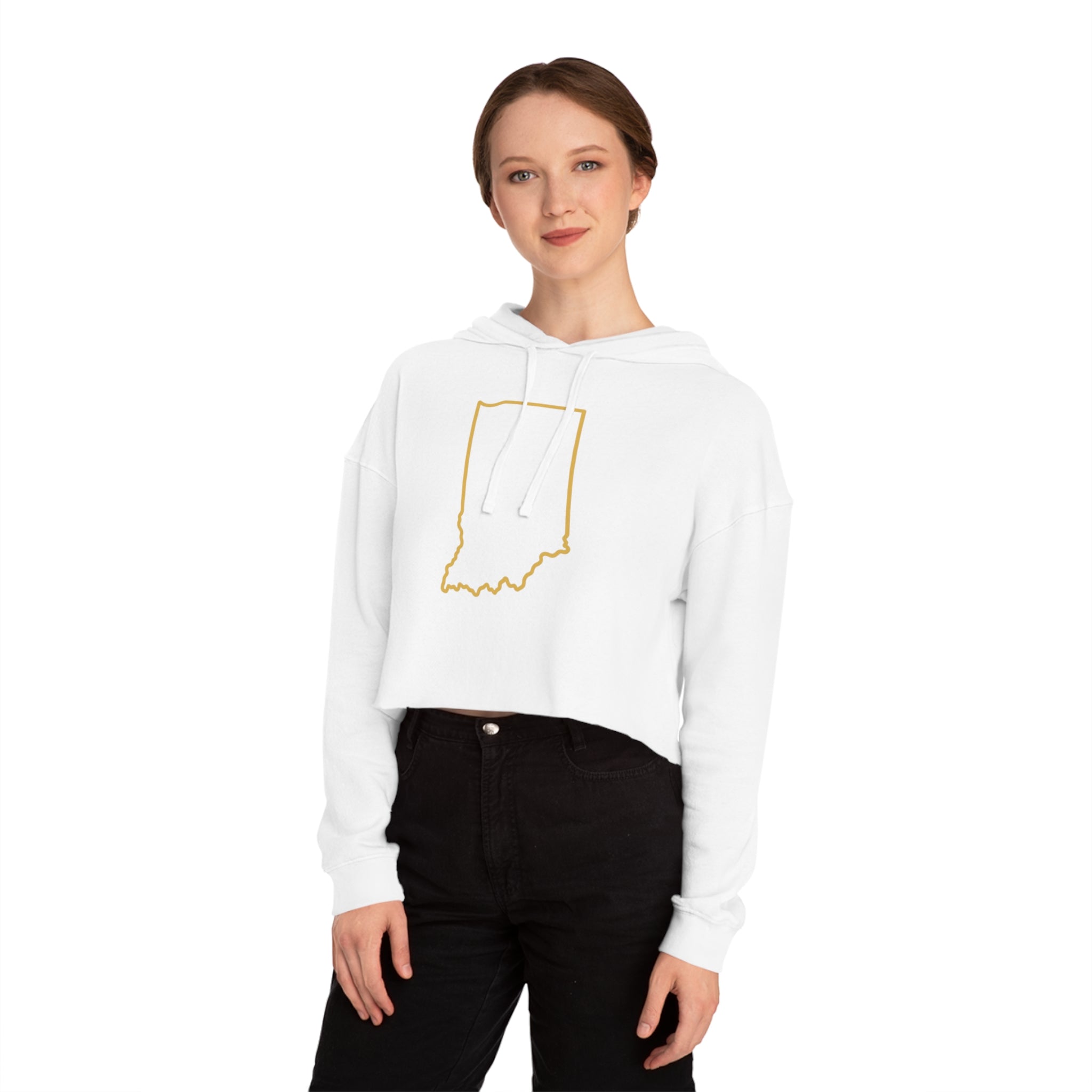 Gold Indiana Outline on Cropped Hooded Sweatshirt for Women | Trendy and Casual, Perfect for Spring Outings, Gift for Her, Comfortable Fashion