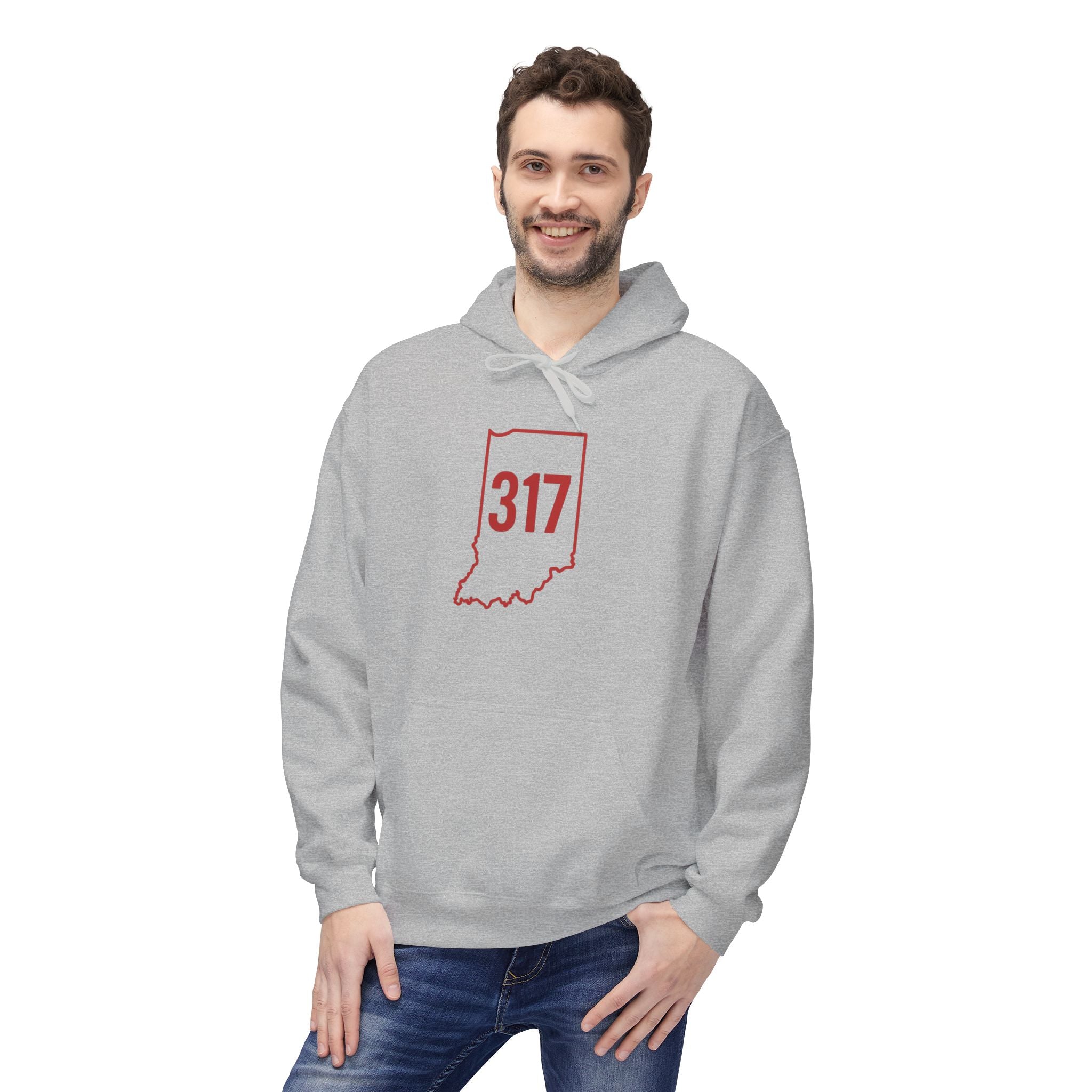 317 Indiana Fleece Hoodie | Red Lettering | Cozy Casual Wear, Perfect for Autumn, Great Gift for Indiana Lovers, Comfortable and Stylish Hoodie