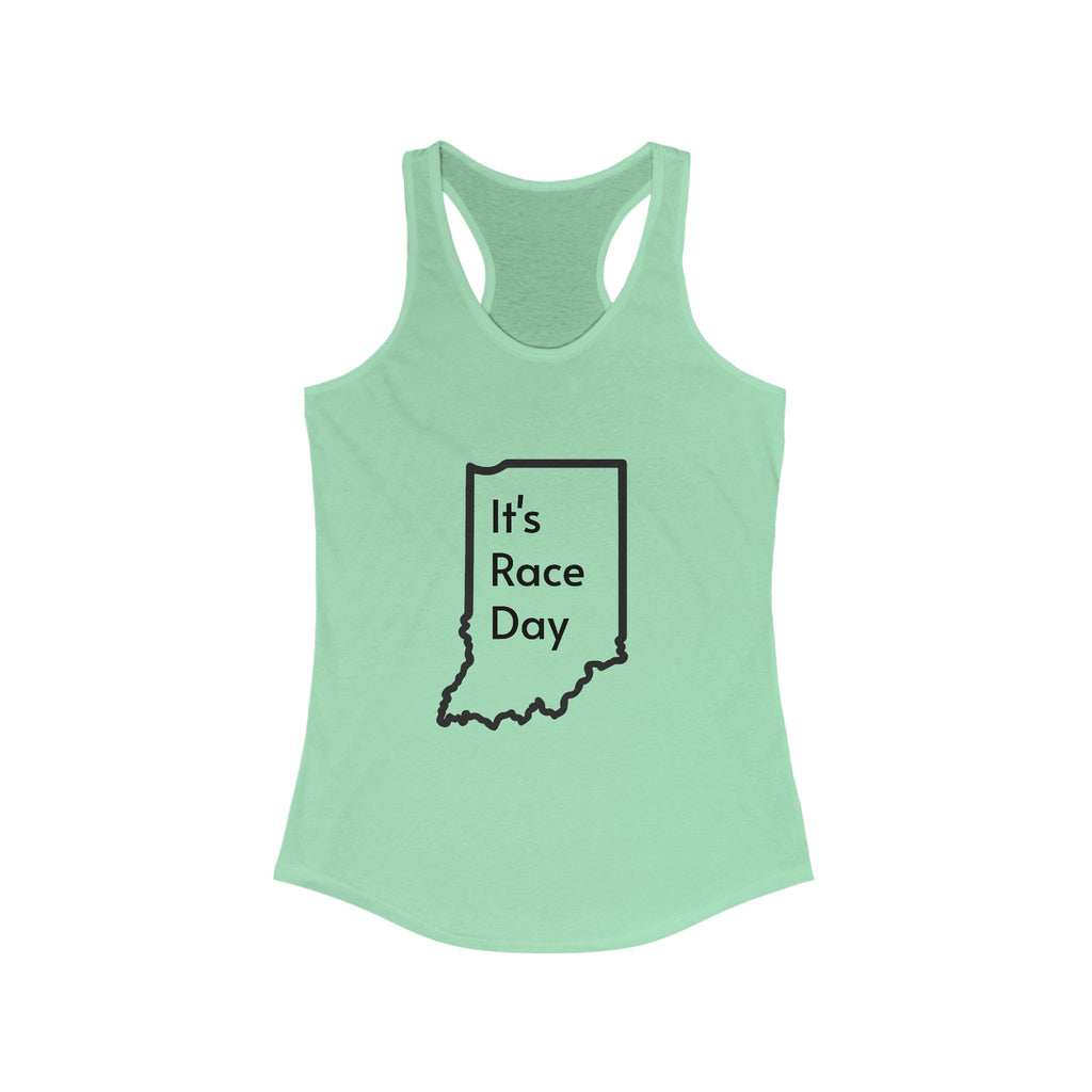 It's Race Day Indiana Outline Racerback Tank | Women's Workout Top, Summer Style Tee, Fitness Gift, Casual Wear, Indiana Pride Apparel