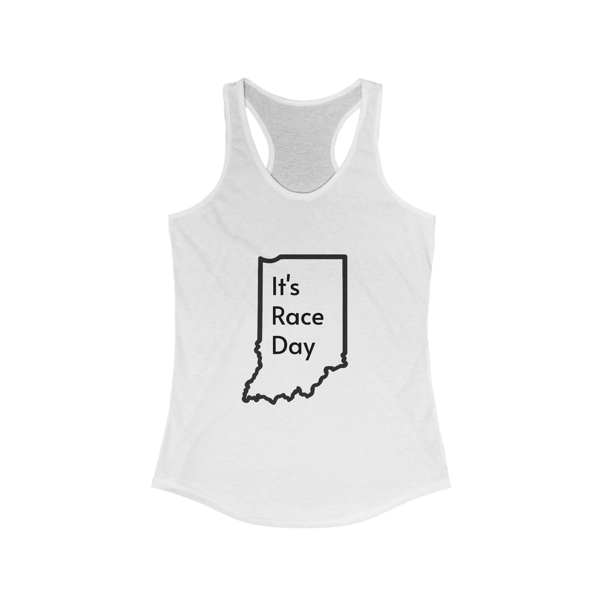 It's Race Day Indiana Outline Racerback Tank | Women's Workout Top, Summer Style Tee, Fitness Gift, Casual Wear, Indiana Pride Apparel