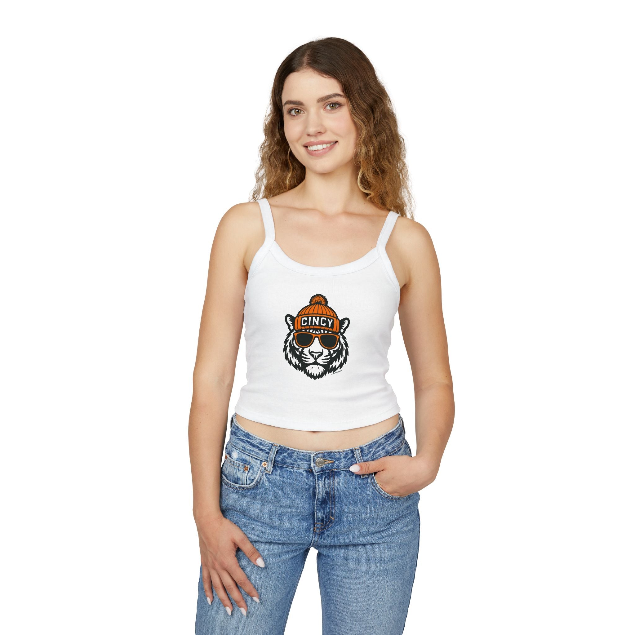 Cincy Bengals Women's Spaghetti Strap Tank Top | Cincinnati Bengal with Glasses and Hat