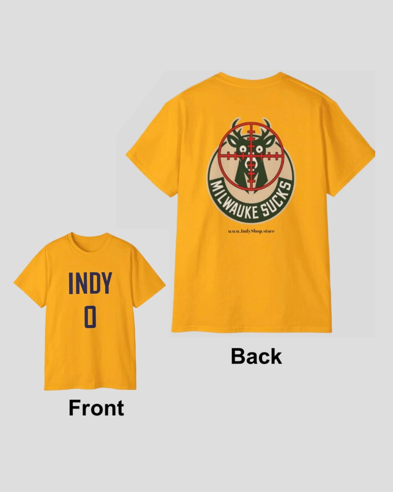 Yellow t-shirt with 'INDY 0' on the front and 'Milwaukee Sucks' graphic on the back.